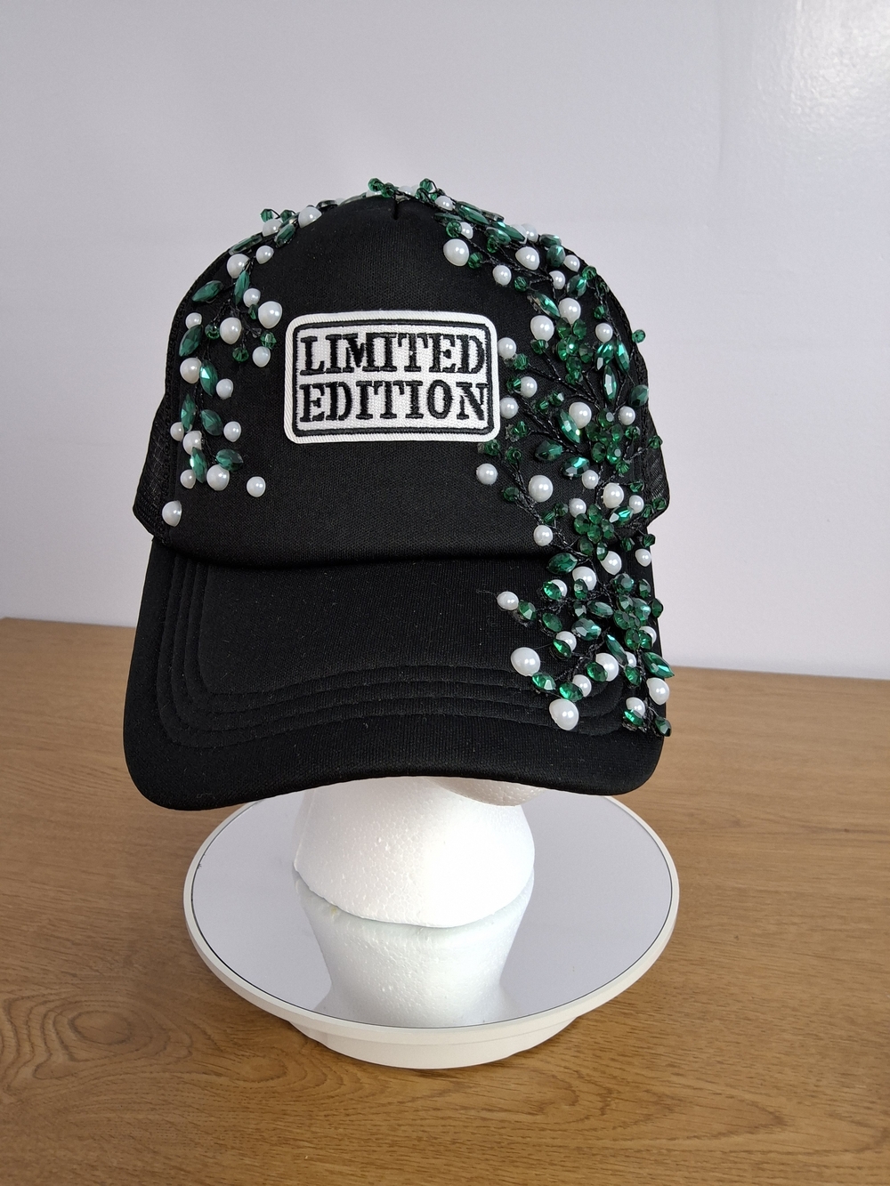 Handcrafted Women's Limited Edition Embellished Black with Green Gems & Pearls